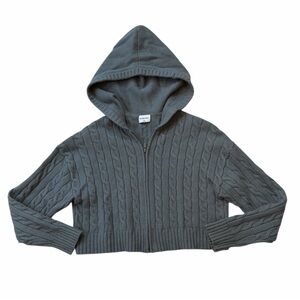 Aritzia Sunday Best Green Cable Knit Cropped Hooded Zip Up Sweater